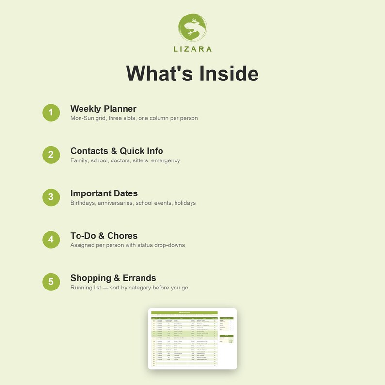 May include: A green and white graphic with the text "LIZARA" and "What's Inside." The image lists features of a planner, including a weekly planner, contacts, important dates, to-do lists, and shopping lists. A digital planner is shown at the bottom.
