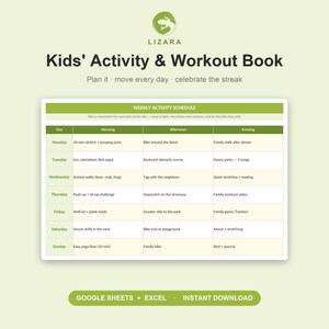 Op de afbeelding: Een digitale download getiteld "Kids' Activity & Workout Book" met een wekelijks schema. Het schema bevat activiteiten zoals stretchen, yoga en familiespellen. Het boek is ontworpen om kinderen te helpen hun activiteiten te plannen en hun voortgang te vieren.