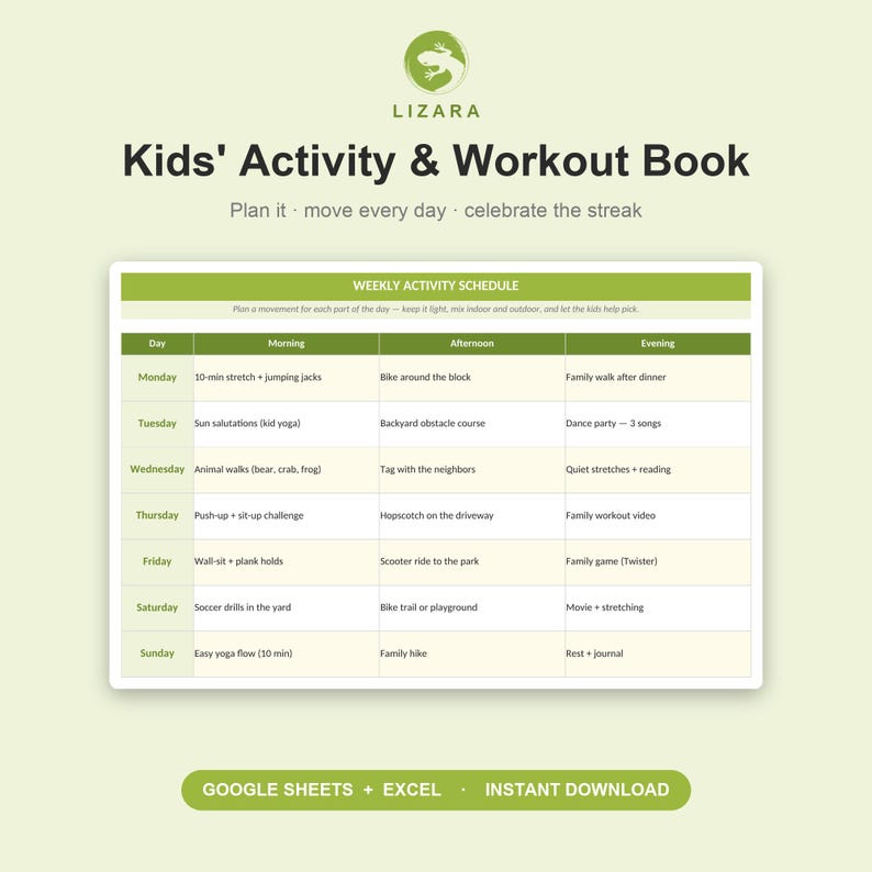 Op de afbeelding: Een digitale download getiteld "Kids' Activity & Workout Book" met een wekelijks schema. Het schema bevat activiteiten zoals stretchen, yoga en familiespellen. Het boek is ontworpen om kinderen te helpen hun activiteiten te plannen en hun voortgang te vieren.