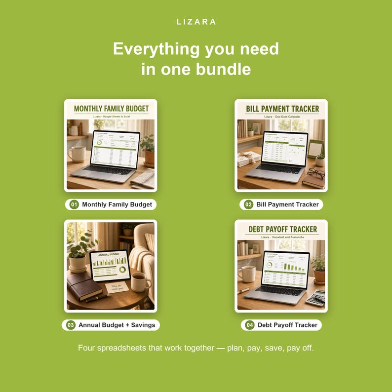Puede incluir: Un gr&aacute;fico verde con el texto "Everything you need in one bundle" y cuatro hojas de c&aacute;lculo: Presupuesto familiar mensual, Rastreador de pago de facturas, Presupuesto anual + Ahorros y Rastreador de pago de deudas. Tambi&eacute;n se incluye el texto "Four spreadsheets that work together - plan, pay, save, pay off".