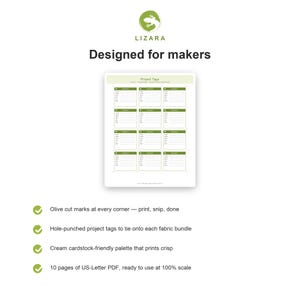 Puede incluir: Una impresi&oacute;n digital blanca titulada "Project Tags" con un borde verde, dise&ntilde;ada para creadores. La impresi&oacute;n incluye m&uacute;ltiples plantillas de etiquetas de proyecto. El texto "LIZARA" y "Designed for makers" est&aacute;n en la parte superior. El texto adicional describe caracter&iacute;sticas.