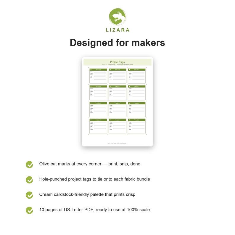 Puede incluir: Una impresi&oacute;n digital blanca titulada "Project Tags" con un borde verde, dise&ntilde;ada para creadores. La impresi&oacute;n incluye m&uacute;ltiples plantillas de etiquetas de proyecto. El texto "LIZARA" y "Designed for makers" est&aacute;n en la parte superior. El texto adicional describe caracter&iacute;sticas.
