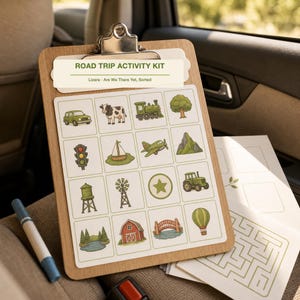 May include: A wooden clipboard holding a Road Trip Activity Kit with the text 'Lizara - Are We There Yet, Sorted'. The paper features a grid of sixteen illustrations including a car, cow, train, tree, traffic light, boat, plane, mountain, water tower, windmill, star, tractor, forest, barn, bridge, and hot air balloon.