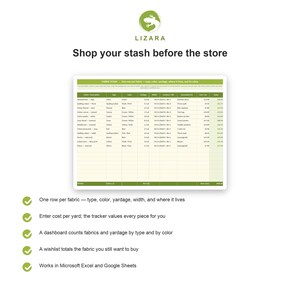 May include: A digital fabric stash tracker spreadsheet template by Lizara. The document features a green and white grid layout with columns for fabric description, type, color, yardage, width, location, intended use, cost per yard, and total value.