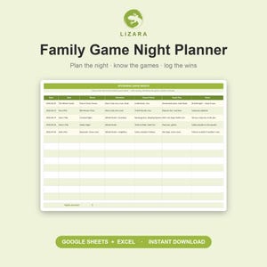 May include: A Family Game Night Planner with the Lizara logo. The planner includes sections for date, host, theme, attendees, games picked, snack plan, and notes. The text "Family Game Night Planner" is displayed prominently. The planner is available for instant download.