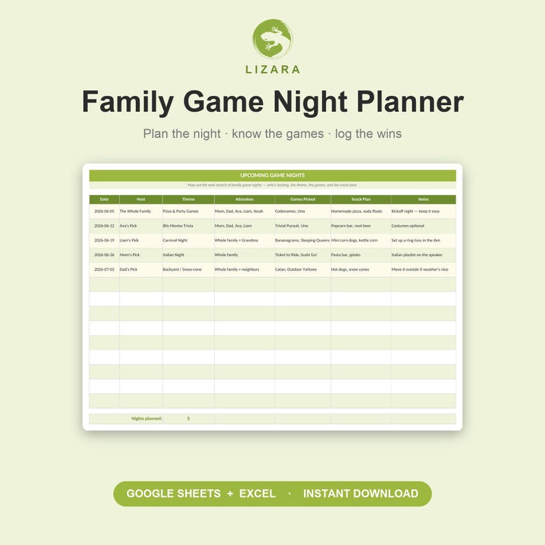 May include: A Family Game Night Planner with the Lizara logo. The planner includes sections for date, host, theme, attendees, games picked, snack plan, and notes. The text "Family Game Night Planner" is displayed prominently. The planner is available for instant download.