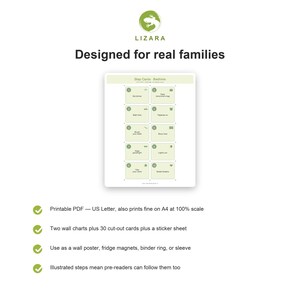 May include: A white card with green accents displays bedtime step cards, including "Eat dinner" and "Brush your teeth." The text "Designed for real families" is above the card. The image also includes a logo and bullet points describing the product.