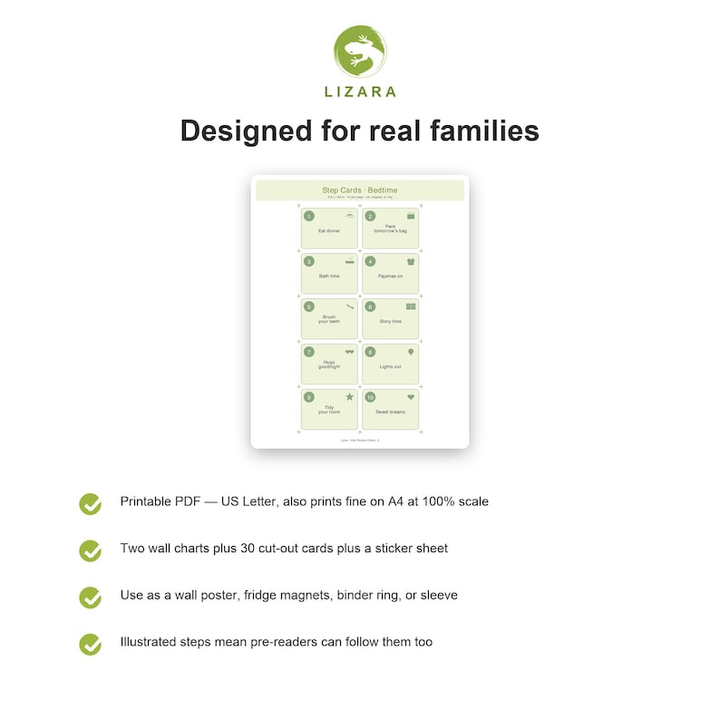 May include: A white card with green accents displays bedtime step cards, including "Eat dinner" and "Brush your teeth." The text "Designed for real families" is above the card. The image also includes a logo and bullet points describing the product.