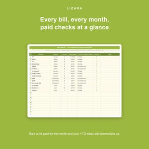 Puede incluir: Una pantalla de tableta que muestra una hoja de c&aacute;lculo de seguimiento de facturas, con el texto "Every bill, every month, paid checks at a glance". La hoja de c&aacute;lculo enumera facturas, fechas de vencimiento e importes. El fondo es verde liso.
