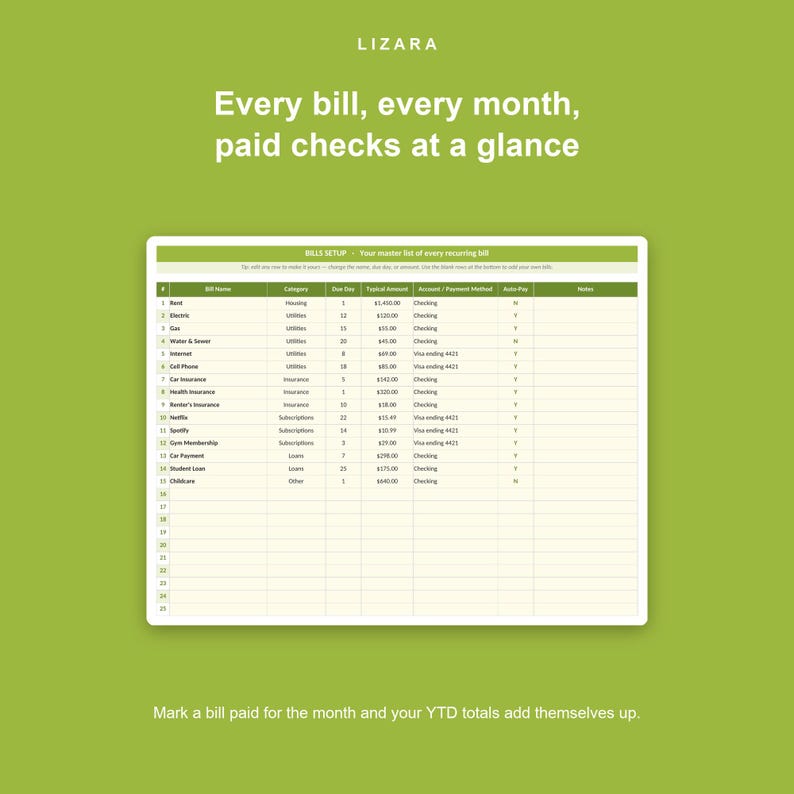 Puede incluir: Una pantalla de tableta que muestra una hoja de c&aacute;lculo de seguimiento de facturas, con el texto "Every bill, every month, paid checks at a glance". La hoja de c&aacute;lculo enumera facturas, fechas de vencimiento e importes. El fondo es verde liso.
