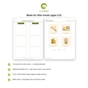 May include: A Lizara visual routine set featuring a Bedtime Routine board with To Do and Done columns, and a sheet of four illustrated cards showing a toothbrush, a book, two teddy bears, and a lamp with the text Brush Teeth, Story Time, Hug Goodnight, Lights Out.