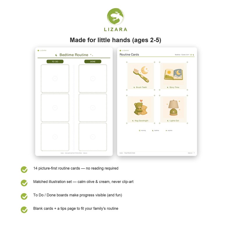 May include: A Lizara visual routine set featuring a Bedtime Routine board with To Do and Done columns, and a sheet of four illustrated cards showing a toothbrush, a book, two teddy bears, and a lamp with the text Brush Teeth, Story Time, Hug Goodnight, Lights Out.