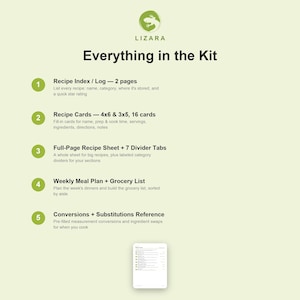 以下が含まれることがあります： Lizaraによる「Everything in the Kit」と題されたライトグリーンの情報グラフィック。2ページのレシピインデックス、4x6および3x5サイズの16枚のレシピカード、7つの仕切りタブ付きのフルページレシピシート、週間食事プラン、および参照ガイドの5つのコンポーネントがリストされています。