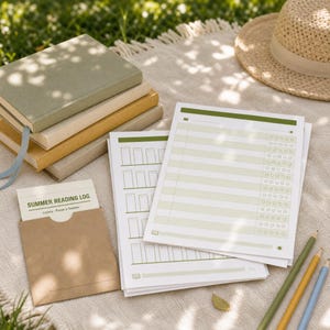 May include: A stack of three hardcover books in sage green, tan, and mustard yellow, a brown paper pocket containing a card labeled SUMMER READING LOG, and two printed tracking sheets with green accents, alongside three colored pencils.