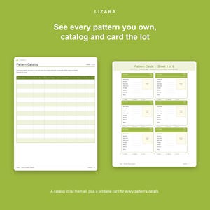 Puede incluir: Un sistema de organizaci&oacute;n de patrones de costura que incluye una hoja de cat&aacute;logo con columnas para nombre, marca, tipo de prenda, talla, tela y estado, junto a una hoja con seis tarjetas individuales para el seguimiento detallado de patrones.