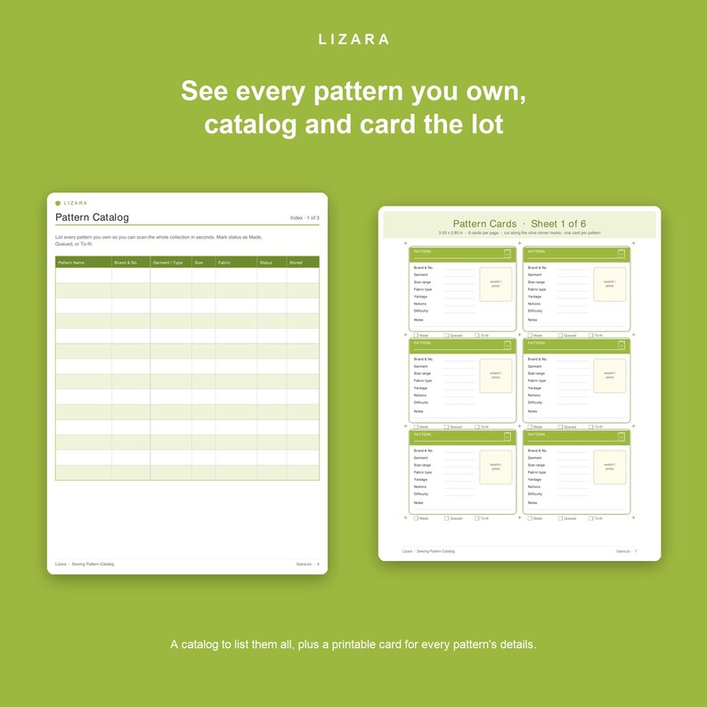 Puede incluir: Un sistema de organizaci&oacute;n de patrones de costura que incluye una hoja de cat&aacute;logo con columnas para nombre, marca, tipo de prenda, talla, tela y estado, junto a una hoja con seis tarjetas individuales para el seguimiento detallado de patrones.