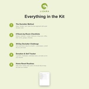 May include: A light green informational graphic titled Everything in the Kit by LIZARA. It lists five components: The Declutter Method, 8 Room-by-Room Checklists, 30-Day Declutter Challenge, Donation & Sell Tracker, and Home Reset Routines with descriptions.