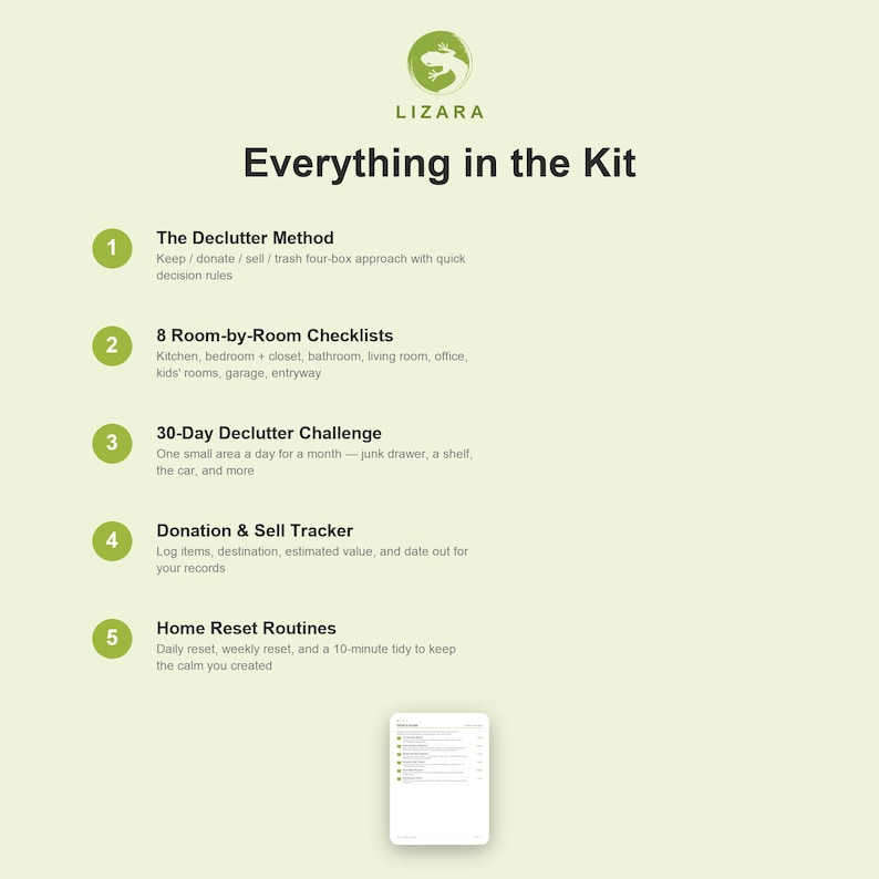 May include: A light green informational graphic titled Everything in the Kit by LIZARA. It lists five components: The Declutter Method, 8 Room-by-Room Checklists, 30-Day Declutter Challenge, Donation & Sell Tracker, and Home Reset Routines with descriptions.