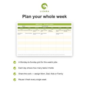 May include: A weekly planner with a green and white design. The planner is labeled "Weekly Plan" and includes a grid for each day of the week. The text reads "Plan your whole week" and includes a list of tasks.