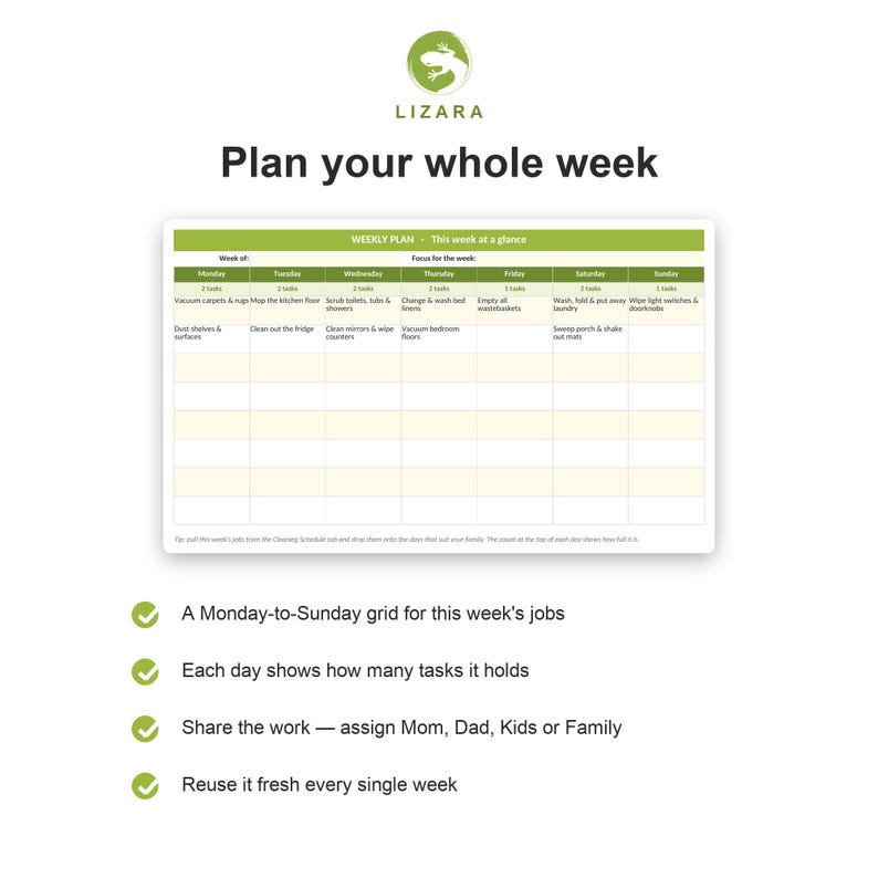 May include: A weekly planner with a green and white design. The planner is labeled "Weekly Plan" and includes a grid for each day of the week. The text reads "Plan your whole week" and includes a list of tasks.