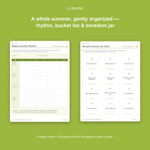 May include: Two white printable sheets on a green background. The left sheet is a Weekly Summer Rhythm planner with a grid for morning, midday, afternoon, and evening. The right sheet contains Boredom-Buster Jar Cards with activity prompts.