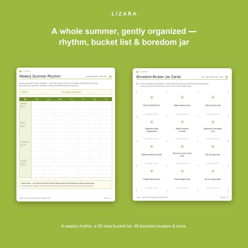 May include: Two white printable sheets on a green background. The left sheet is a Weekly Summer Rhythm planner with a grid for morning, midday, afternoon, and evening. The right sheet contains Boredom-Buster Jar Cards with activity prompts.