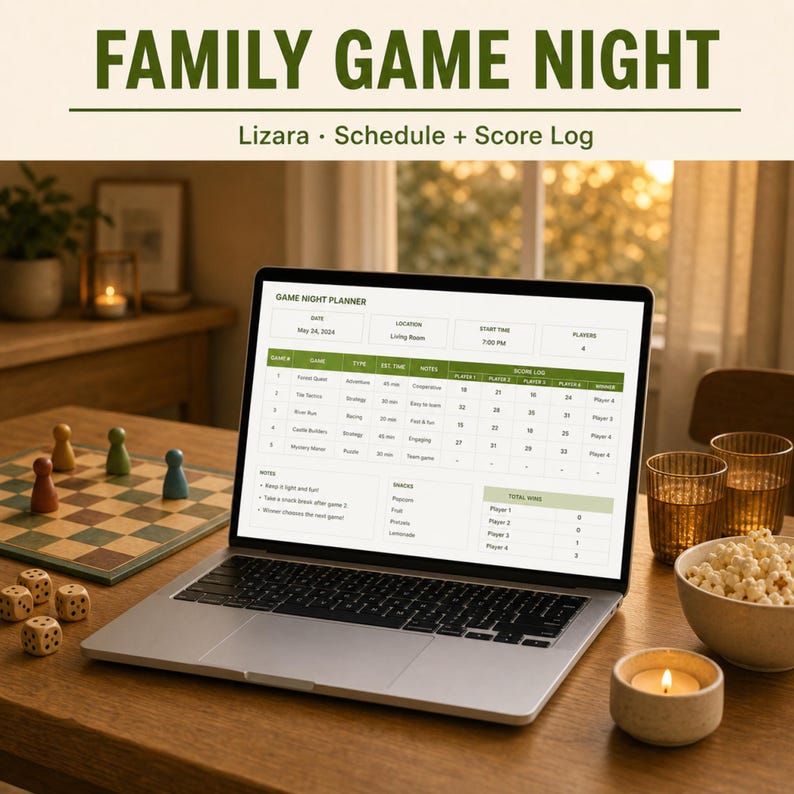 May include: A laptop displaying a game night planner sits on a wooden table, next to a chessboard with game pieces and dice. The text "FAMILY GAME NIGHT" is at the top, with "Lizarra &bull; Schedule + Score Log" below.