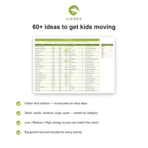 Op de afbeelding: Een witte afbeelding met de tekst "LIZARA" en "60+ idee&euml;n om kinderen in beweging te krijgen." Hieronder staat een lijst met activiteitidee&euml;n, gecategoriseerd op sport, energieniveau en benodigde uitrusting. De afbeelding bevat ook opsommingstekens met activiteitdetails.