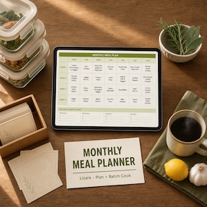 May include: A wooden table displays a monthly meal planner on a tablet, alongside meal prep containers, a cup of coffee, and fresh ingredients. The planner includes the text "MONTHLY MEAL PLANNER" and "Lizara &bull; Plan + Batch Cook".