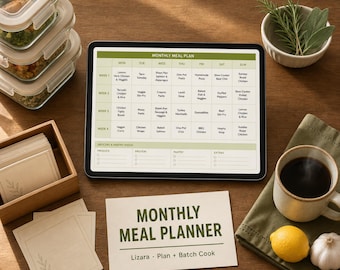 Monthly Meal Planner Spreadsheet | 4-Week Plan, Recipe Library (Digital Download)