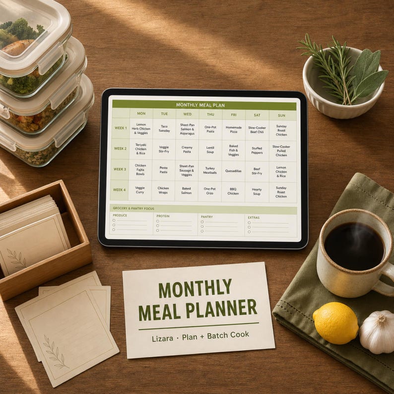 May include: A wooden table displays a monthly meal planner on a tablet, alongside meal prep containers, a cup of coffee, and fresh ingredients. The planner includes the text "MONTHLY MEAL PLANNER" and "Lizara &bull; Plan + Batch Cook".
