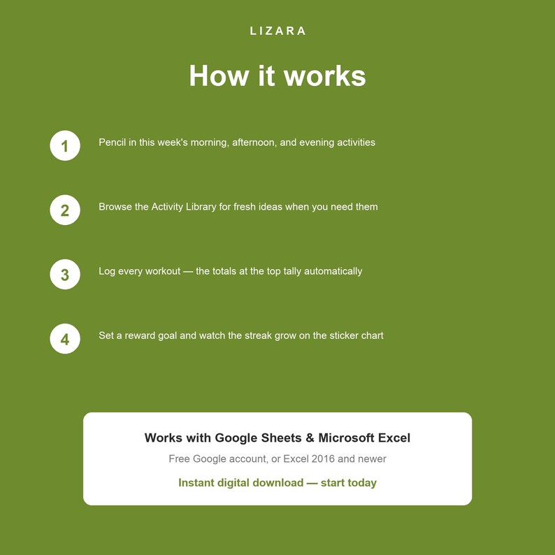 Op de afbeelding: Groene afbeelding met de tekst "LIZARA" bovenaan. De titel "How it works" staat in grote witte letters. De afbeelding legt de stappen uit om het product te gebruiken, inclusief het loggen van trainingen en het stellen van doelen. De afbeelding vermeldt ook dat het werkt met Google Sheets en Microsoft Excel.