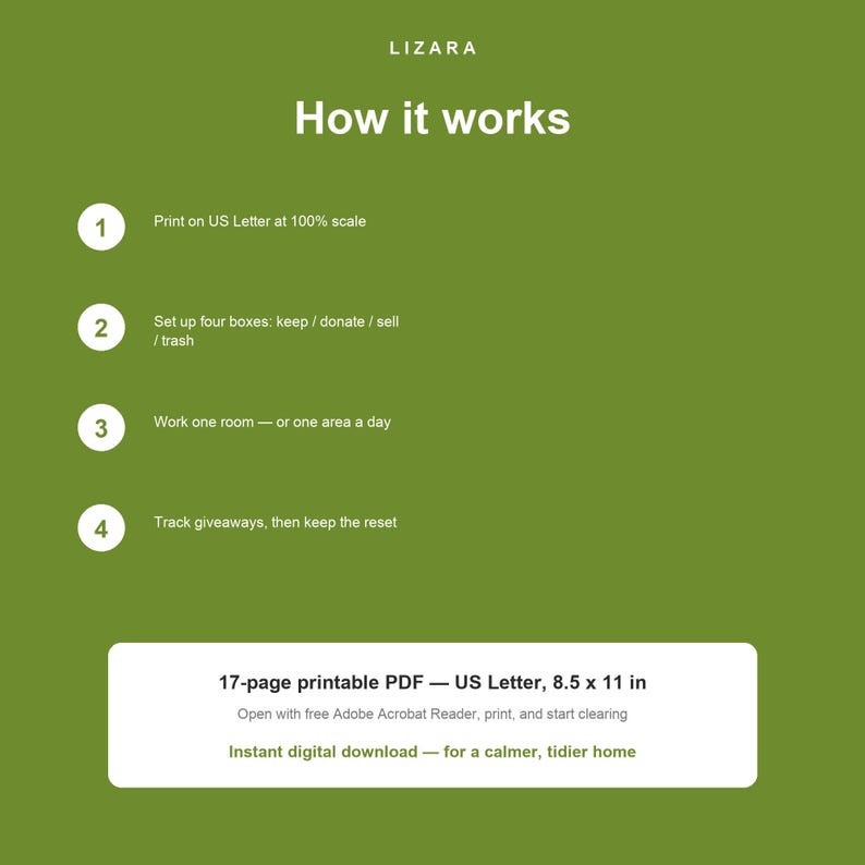 May include: A green informational graphic titled LIZARA How it works with four numbered steps: 1. Print on US Letter at 100% scale, 2. Set up four boxes: keep/donate/sell/trash, 3. Work one room a day, 4. Track giveaways. Includes 17-page PDF 21.6 x 27.9 cm.