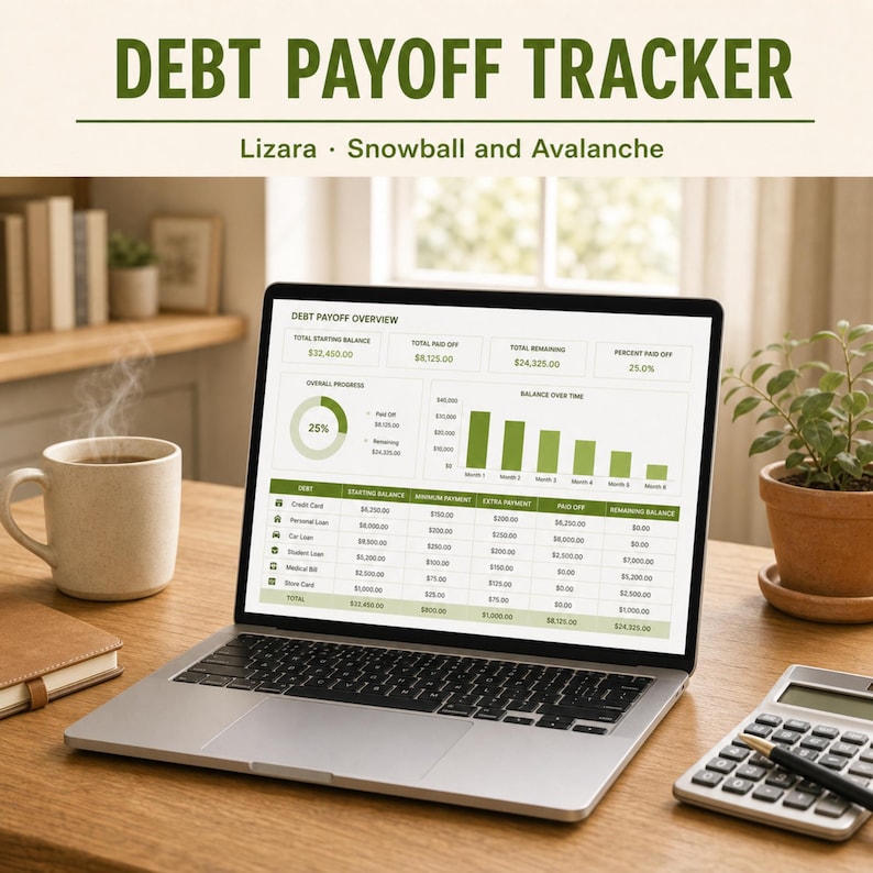 May include: A laptop displaying a debt payoff tracker with the text "DEBT PAYOFF TRACKER" at the top. The screen shows financial data, charts, and a progress bar. A cup of coffee, a notebook, and a calculator are on the wooden desk.