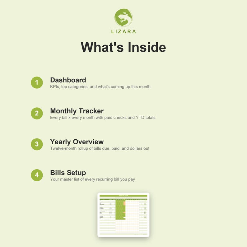 Puede incluir: Gr&aacute;fico verde claro con el texto "LIZARA" y "What's Inside". El gr&aacute;fico enumera cuatro funciones: Panel de control, Rastreador mensual, Resumen anual y Configuraci&oacute;n de facturas. Se muestra una hoja de c&aacute;lculo en la parte inferior.