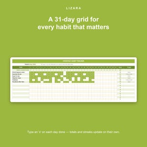 Op de afbeelding: Een groen en witte habit tracker met de tekst "LIZARA". Het is een 31-daagse raster voor mei 2026, ontworpen om gewoonten zoals water drinken, lichaamsbeweging, lezen en slapen bij te houden.