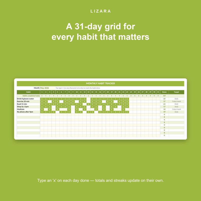 Op de afbeelding: Een groen en witte habit tracker met de tekst "LIZARA". Het is een 31-daagse raster voor mei 2026, ontworpen om gewoonten zoals water drinken, lichaamsbeweging, lezen en slapen bij te houden.