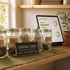 Pode incluir: Quatro frascos de vidro transparente com tampas de metal contendo moedas e notas, cada um rotulado com um adesivo de papel castanho com um desenho de linha. Uma pequena placa de ard&oacute;sia de madeira diz SINKING FUNDS Lizara Save for What's Coming.