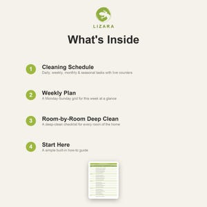 May include: A digital cleaning planner with the text "LIZARA What's Inside." The planner includes sections for a cleaning schedule, weekly plan, room-by-room deep clean checklist, and a start-here guide. The background is a light green color.
