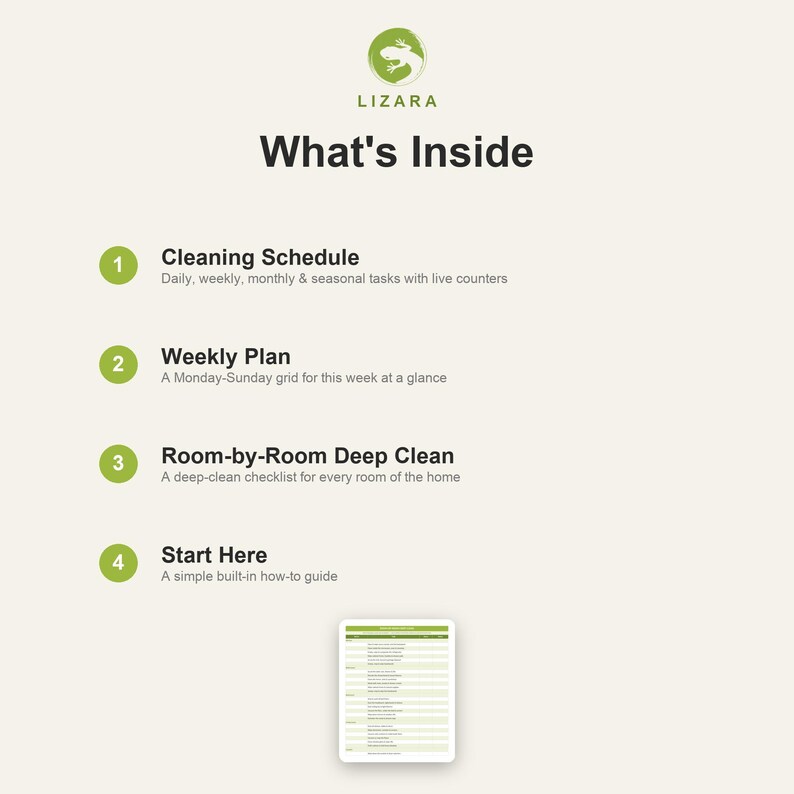 May include: A digital cleaning planner with the text "LIZARA What's Inside." The planner includes sections for a cleaning schedule, weekly plan, room-by-room deep clean checklist, and a start-here guide. The background is a light green color.