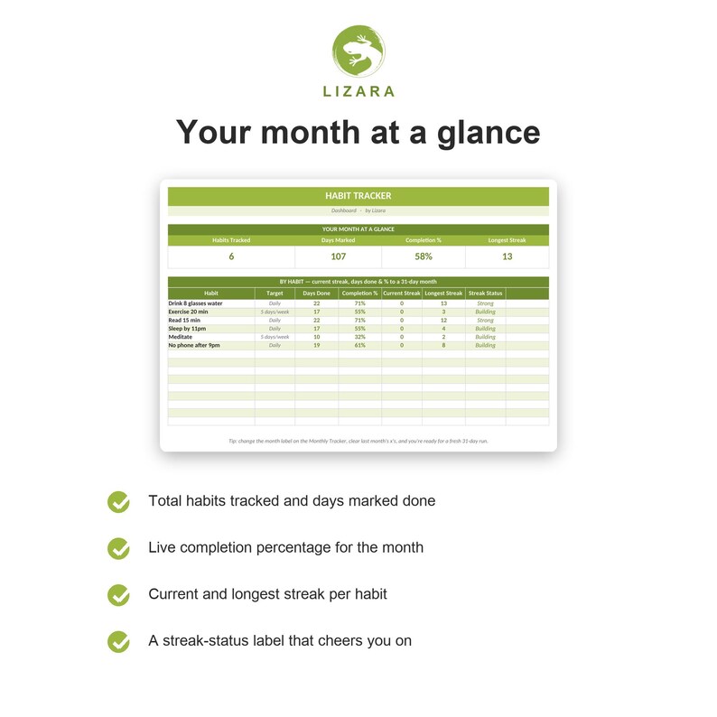 Op de afbeelding: Een digitale habit tracker in groen en wit. Toont een overzicht van de maand, inclusief het totaal aantal gevolgde gewoonten, gemarkeerde dagen, voltooiingspercentage en streak-informatie. De tekst "LIZARA" staat bovenaan.