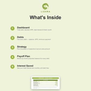 May include: A light green graphic with the text "LIZARA" and "What's Inside". The graphic lists features including Dashboard, Debts, Strategy, Payoff Plan, and Interest Saved. A small chart is at the bottom.