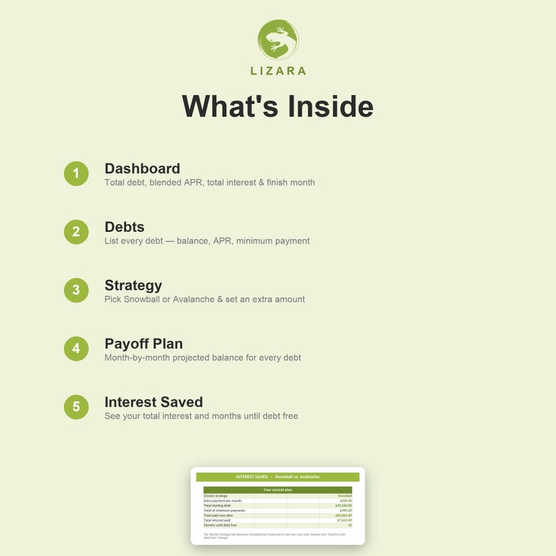 May include: A light green graphic with the text "LIZARA" and "What's Inside". The graphic lists features including Dashboard, Debts, Strategy, Payoff Plan, and Interest Saved. A small chart is at the bottom.