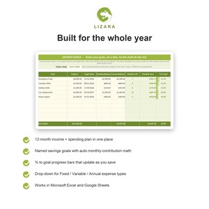 May include: A financial planning spreadsheet with the "LIZARA" logo and the text "Built for the whole year." The spreadsheet includes savings goals, target dates, and progress bars. Features include a 12-month income plan and works with Excel and Google Sheets.