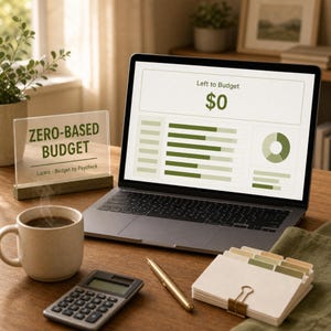 Peut inclure: Un ordinateur portable affiche un tableau de bord financier avec "Reste &agrave; budg&eacute;ter" &agrave; 0 &euro;. Un panneau indique "BUDGET Z&Eacute;RO" &agrave; c&ocirc;t&eacute; d'une tasse &agrave; caf&eacute;, d'une calculatrice, d'un stylo et de fiches. La sc&egrave;ne se d&eacute;roule sur un bureau en bois.