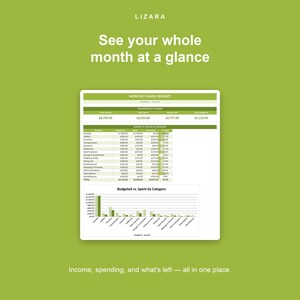 K&ouml;nnte beinhalten: Eine digitale monatliche Familienbudgetvorlage auf einem wei&szlig;en Bildschirm mit gr&uuml;nem und schwarzem Text und einem Balkendiagramm. Der Text lautet "See your whole month at a glance" und "Income, spending, and what's left - all in one place."