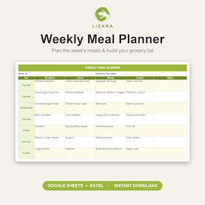 May include: A weekly meal planner template with a green and white design. The planner includes sections for each day of the week, with spaces for breakfast, lunch, dinner, snacks, and notes. The text "Weekly Meal Planner" is at the top.