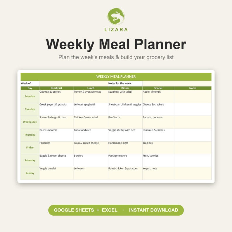 May include: A weekly meal planner template with a green and white design. The planner includes sections for each day of the week, with spaces for breakfast, lunch, dinner, snacks, and notes. The text "Weekly Meal Planner" is at the top.