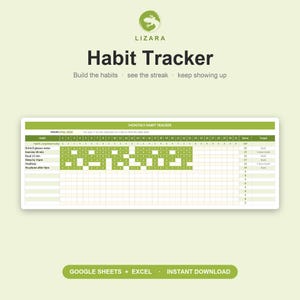 Op de afbeelding: Een digitale habit tracker met de tekst "Habit Tracker" en "Build the habits, see the streak, keep showing up." De tracker bevat een maandelijkse kalenderraster met rijen en kolommen voor het volgen van gewoonten. Het ontwerp is groen en wit.