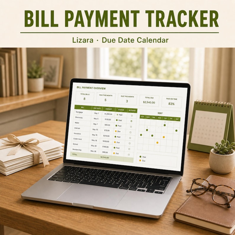 Puede incluir: Un port&aacute;til muestra un "Bill Payment Tracker" y un "Due Date Calendar". La pantalla muestra detalles de facturas, fechas de vencimiento y estados de pago. Un calendario, un cuaderno y gafas est&aacute;n sobre el escritorio de madera.